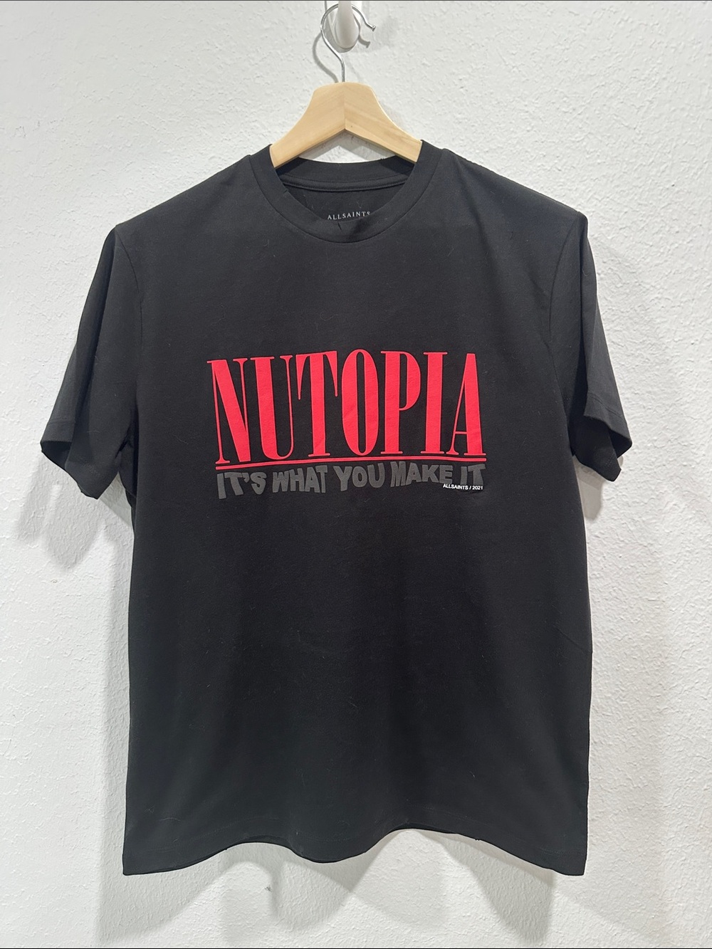 All Saints Black Tee with Red 'NUTOPIA' Graphic
